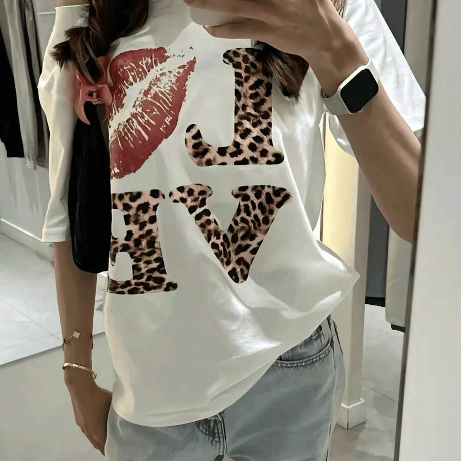 Camiseta Retro con Estampado de Leopardo y Corazones, Sexy, de Manga Corta, 100% Algodón, Transpirable, Cuello Redondo, Ropa Casual - Blanco - Ver 1