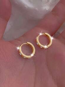 1 par de pendientes de aro geométricos redondos de lujo con diamante de imitación de plata esterlina S925, diseño de nicho coreano con estilo indiferente elegante para uso diario - Cultivo de orificio para la oreja, pendientes versátiles y elegantes personalizados para mujeres - redondo - Ver 6