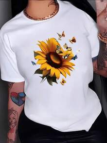 Large Yellow Sunflower Surrounded By Butterflies Symbolizing Hope, Joy, And The Beauty Of Change, Reflecting Positive Energy And Freedom. Women's Casual, Modern, Comfortable, And Lightweight T-Shirt - 白色 - 查看 8
