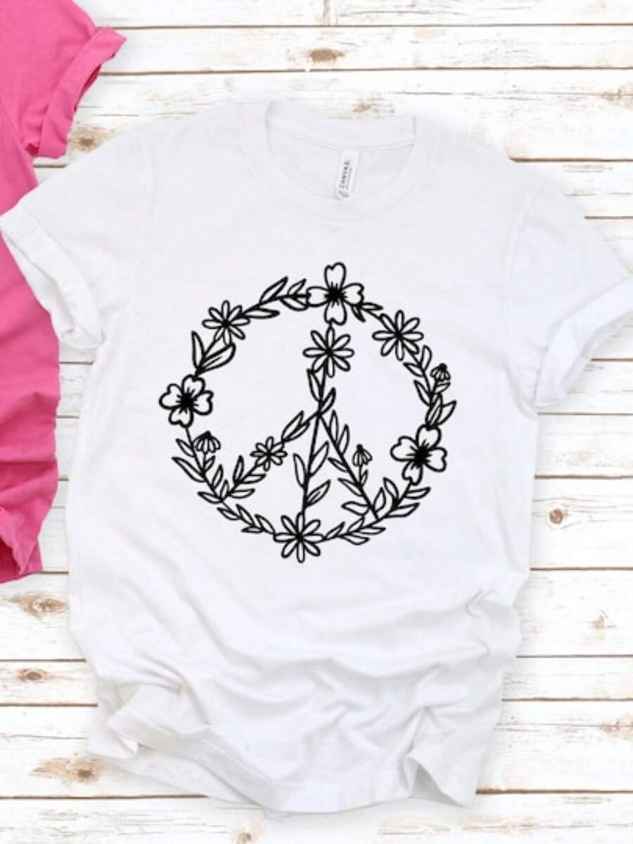 Camiseta con Estampado de Símbolo de la Paz Floral - Blanco - Ver 1