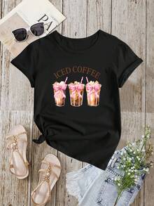 Camiseta casual holgada de verano con estampado de lazo de café helado rosa - Negro - Ver 2