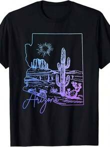 Camiseta Vintage con Mapa del Estado de Arizona AZ y Cactus, Mismo Estilo para Hombres y Mujeres, Camiseta de Verano de Manga Corta Estampada, Pura - Negro - Ver 6