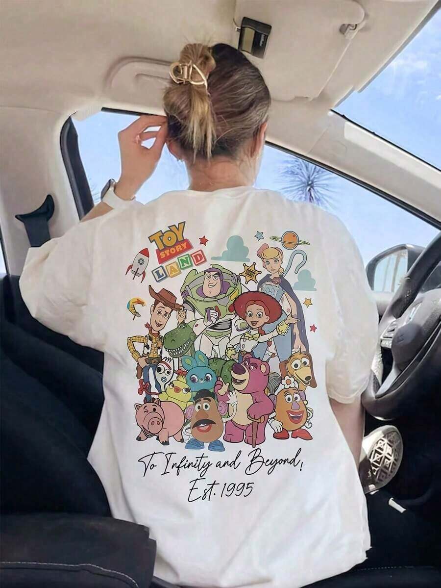 Disney Authorized Classic Characters Such As Buzz Lightyear, Such As Toy Story LAND Printed Cartoons, Soft And Elastic Casual Short-Sleeved Tops, Fashionable Short-Sleeved T-Shirts And Women's Dresses. - White - View 1