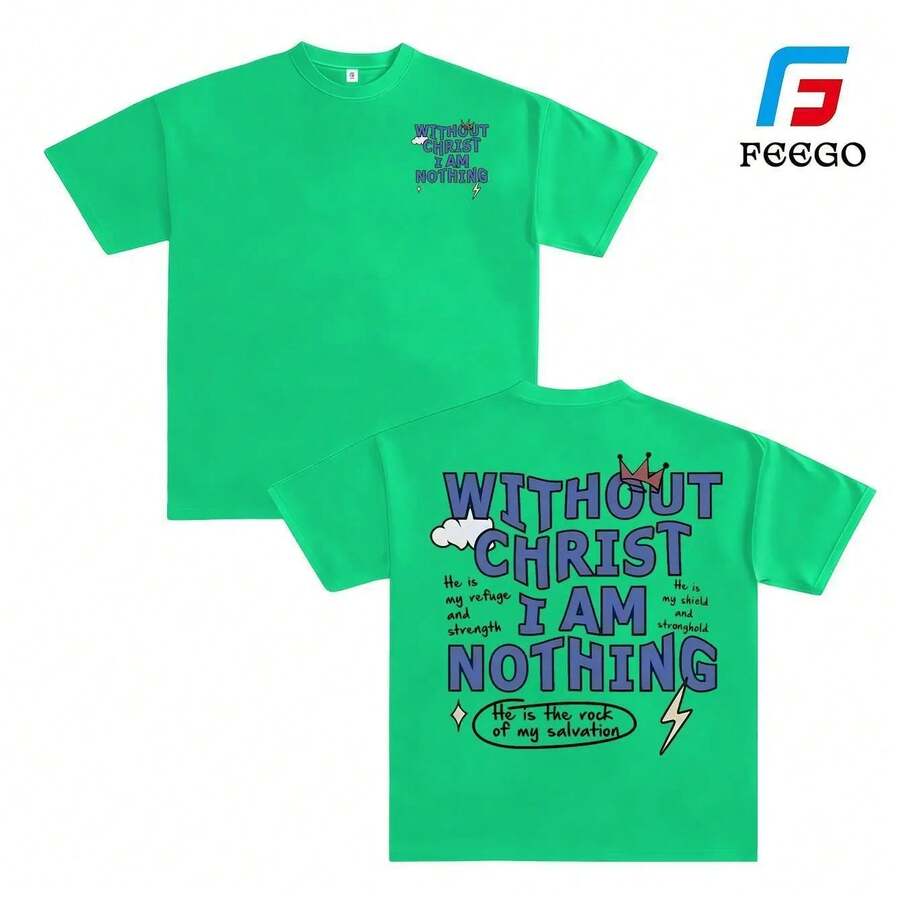 Camiseta de corte cuadrado para hombres FEEGO, cuello redondo, impresión de letras de fe cristiana, ropa casual de calle, camiseta blanca de manga corta para uso diario en todas las estaciones, camiseta de cuello redondo, camiseta gráfica divertida, camiseta divertida, ropa cristiana - Verde - Ver 1