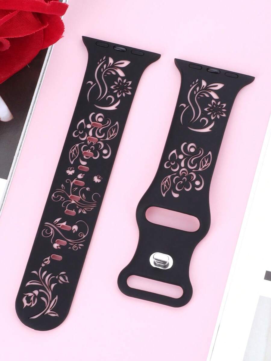 雕刻水仙花图案硅胶表带,适用于 40mm、41mm、42mm、44mm、45mm、46mm、49mm,时尚优雅的运动休闲表带,兼容 Ultra/11/10/9/8/7/6/5/4/SE,女士智能手表表带 - 黑色錶帶配粉紅色花 - 查看 1