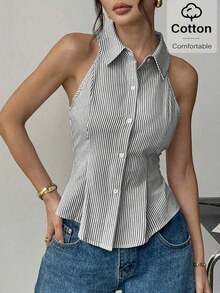 Top sin mangas a rayas, inspirado en el estilo bohemio, para uso de oficina, casual y de viaje, ideal para ir a la oficina, festivales y conciertos - Blanco y Negro - Ver 4