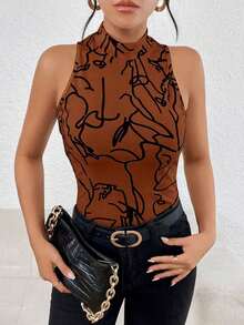 Camiseta sin mangas de cuello alto para mujer con estampado total para el verano - Marrón - Ver 5