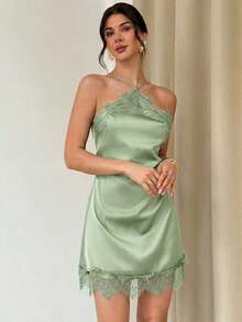 Vestido mini ajustado de satén negro con adorno de encaje, elegante y romántico para citas, festivales de música, fiestas, graduaciones, vacaciones, invitada de boda, vestido de cumpleaños - Verde - Ver 4