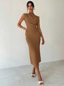 Vestido largo de verano elegante y minimalista para uso diario, viajes y ocasiones casuales, con cuello mao, mangas drapeadas y cintura ceñida, color albaricoque - Marrón Mocha - Ver 5