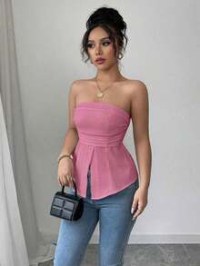 Blusa casual y sexy con diseño sin espalda y textura tejida para mujer, /verano - Rosa Fucsia - Ver 4