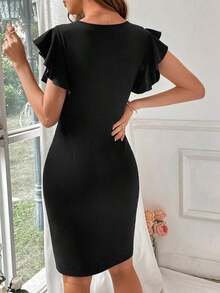 Vestido de manga corta acampanada y de corte ajustado en unicolor de moda para mujeres - Negro - Ver 2
