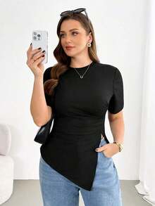 Camiseta negra básica de manga corta para mujer talla grande, con cintura fruncida, bajo irregular y versátil, cómoda y elástica, para uso diario y casual en primavera/verano - Negro - Ver 3