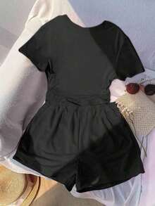 Conjunto de camiseta con estampado de corazón bordado y pantalones cortos de cintura elástica para mujer talla grande, adecuado para deportes al aire libre, gran regalo para mujeres, hermanas, madres, Día de la Madre, Día de San Valentín, conjunto - Negro - Ver 2