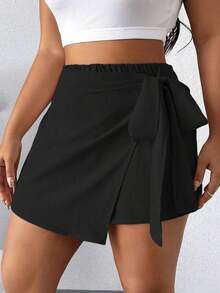 Falda pantalón informal de aspecto de mezclilla con doblez asimétrico y nudo lateral para mujer talla grande - Negro - Ver 5