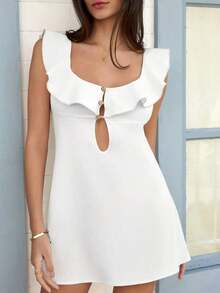 Vestido mini para mujer con ribete de encaje floral, de moda para el verano - Blanco - Ver 3