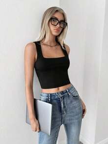 Top de depósito casual corto de verano para mujer con cuello cuadrado básico y unicolor - Negro - Ver 5
