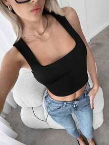 Top de depósito casual corto de verano para mujer con cuello cuadrado básico y unicolor - Negro - Ver 6