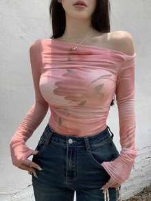 Top ajustado de malla transparente con hombros descubiertos y efecto tie-dye para mujeres, ideal para salir.Tops de manga larga para mujeres para el Día de San Valentín - Rosa - Ver 1