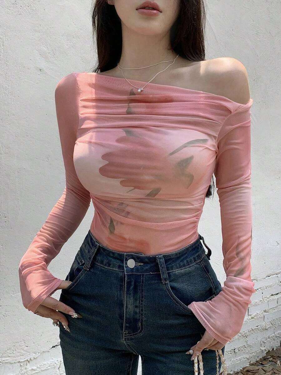Top ajustado de malla transparente con hombros descubiertos y efecto tie-dye para mujeres, ideal para salir.Tops de manga larga para mujeres para el Día de San Valentín - Rosa - Ver 1