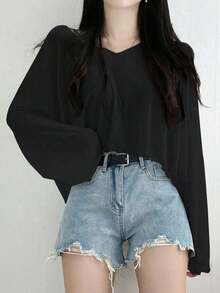 Camiseta corta de mujer de unicolor con cuello en V holgado, blusas de mujer de manga larga para primavera/verano, ropa de mujer para otoño - Negro - Ver 1
