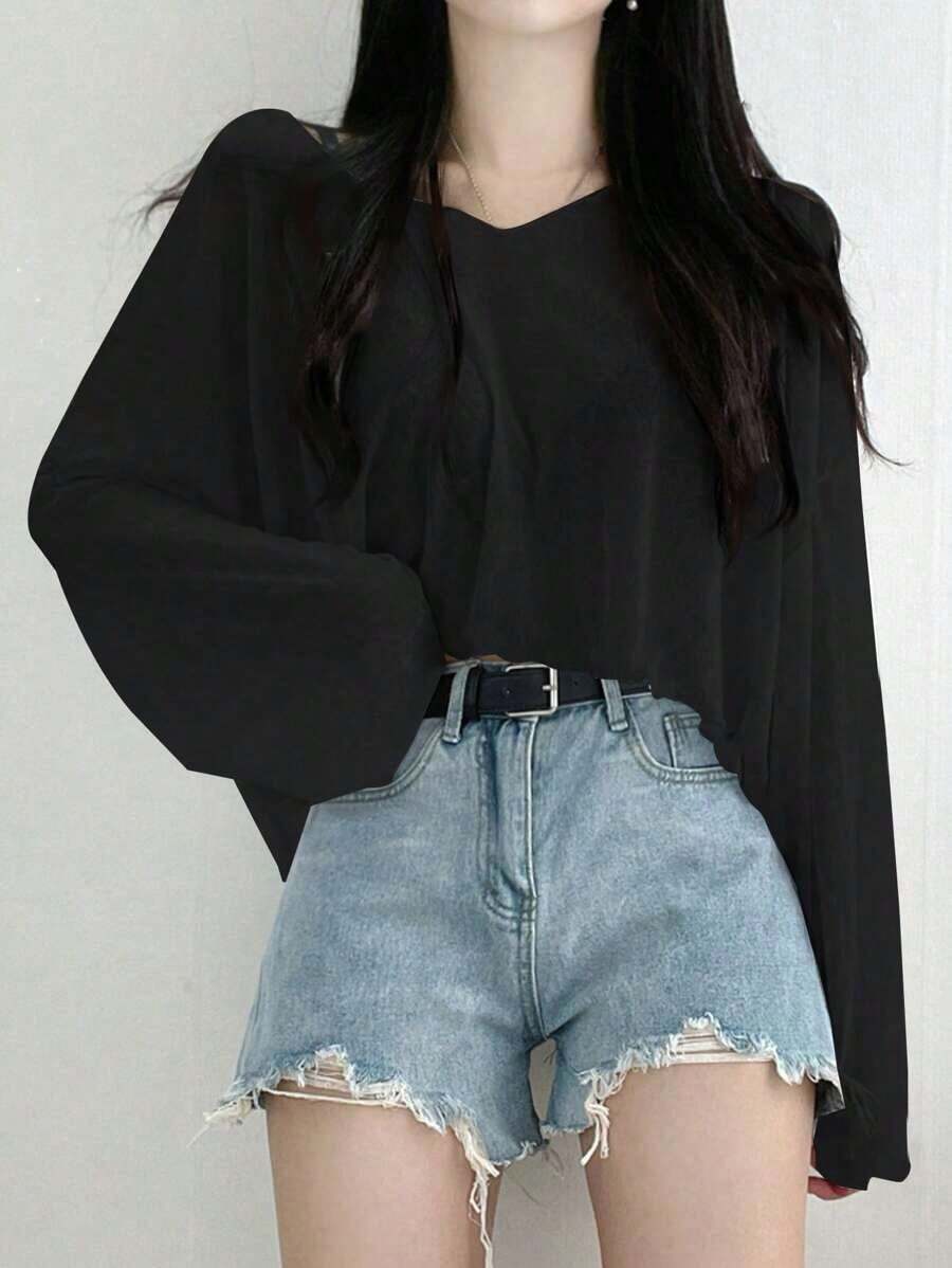 Camiseta corta de mujer de unicolor con cuello en V holgado, blusas de mujer de manga larga para primavera/verano, ropa de mujer para otoño - Negro - Ver 1
