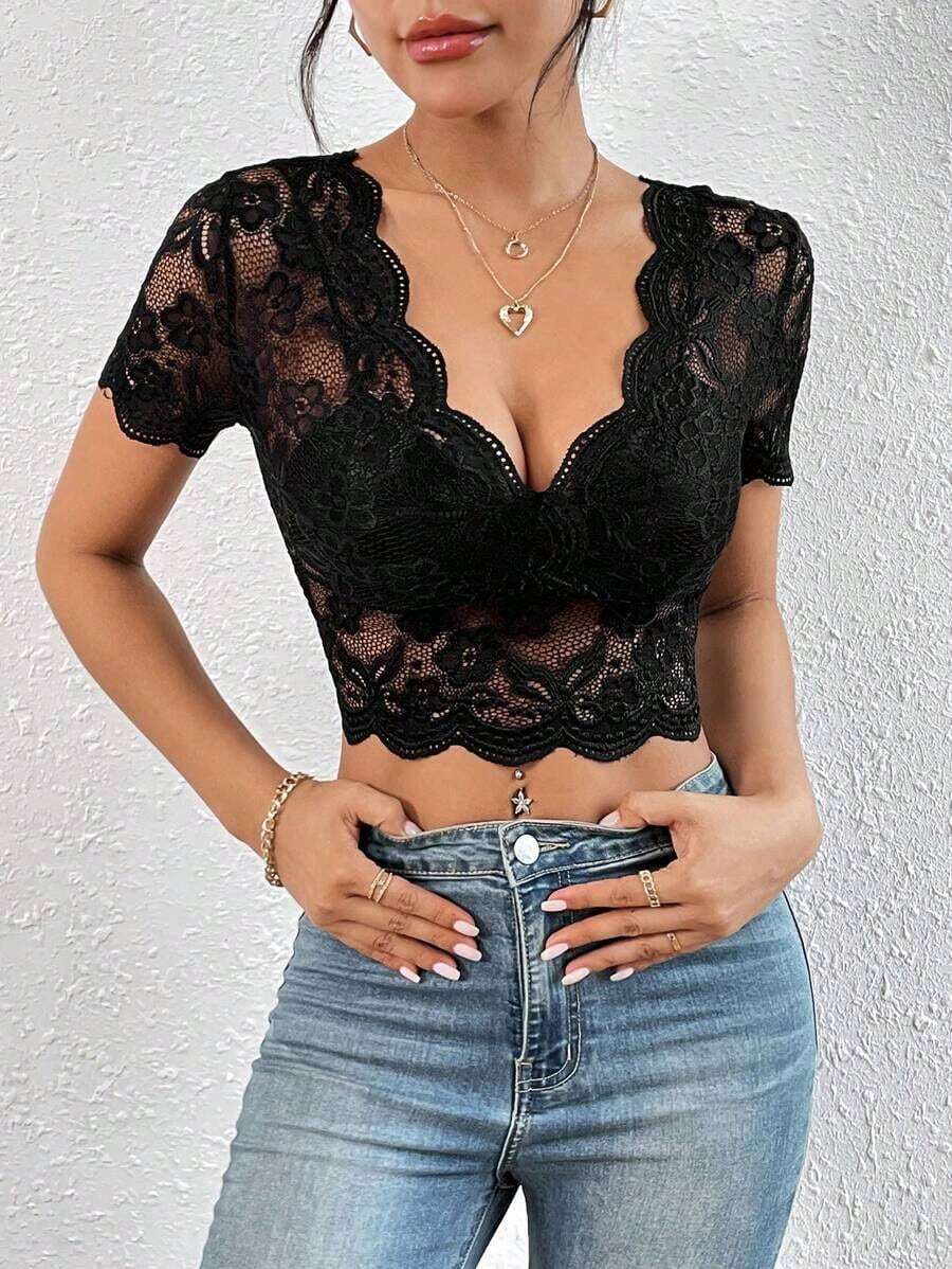 Top corto negro de encaje ajustado con ribete de vieira, top occidental para fiesta de verano - Negro - Ver 1