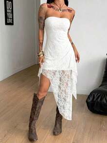 Vestido asimétrico sin mangas para mujer, estilo callejero de verano, Y2K, club, sexy, concierto, festival de música - Blanco - Ver 6