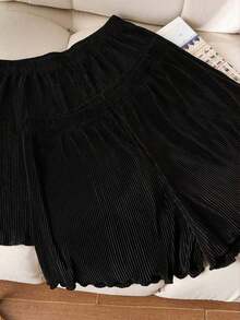 Shorts plisados de talla grande de verano con estampado de leopardo y unicolor - Negro - Ver 4