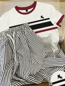 Conjunto de camiseta de manga corta con cuello redondo y estampado de oso de dibujos animados, y pantalones a rayas con cordón en la cintura para mujer - Blanco y Negro - Ver 8