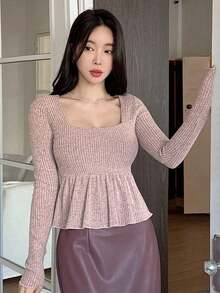 Blusa casual de mujer con cuello cuadrado, manga corta, silueta acampanada y tela texturizada, top sexy y lindo - Rosa - Ver 8