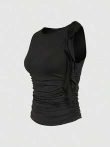 Blusa sin mangas de cuello redondo de unicolor con nudo delantero, estilo minimalista y casual para mujer - Multicolor 2 - Ver 4