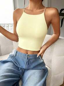 Top Corto Ajustado Y Sin Mangas En Color Sólido Para Mujer Con Cuello Halter - Amarillo - Ver 6