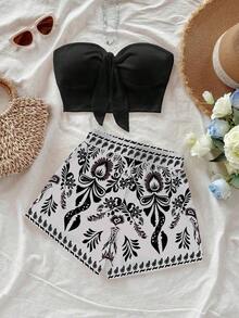 Conjunto de 2 piezas con estampado de árbol de coco y flor de diosa del sol para vacaciones en la isla, adecuado para vacaciones, verano, elegante - Multicolor 2 - Ver 1