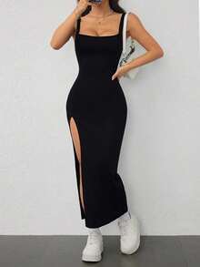 Vestido largo ajustado de mujer con abertura alta, de punto acanalado elástico y tirantes anchos, atuendo de vacaciones para mujer - Negro - Ver 7