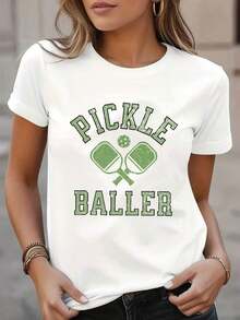 Camiseta de manga corta para mujer, 1 pieza, camiseta casual de manga corta para mujer - Estampado con diseño de Pickle Baller, estilo deportivo, negro y verde, lavable aáquina, cuello redondo, material semitransparente para primavera y verano, camisetas de verano para mujer, camisetas gráficas para mujer, ropa de playa para mujer. - Blanco - Ver 5