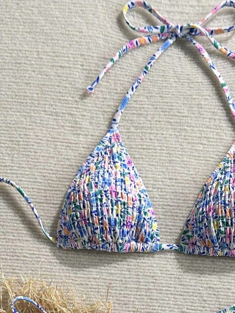 Swim Mod Conjunto de bikini sexy para mujer con estampado floral de verano, copa push-up y cuello halter con lazo - Multicolor 6 - Añade 3