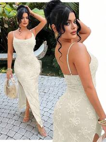 Vestido de verano sin mangas con abertura alta en color amarillo, para mujer y tallas grandes, para vacaciones en la isla, fiestas junto a la piscina, vacaciones en la playa, ropa bohemia para mujer, atuendos para brunch, vestidos sin tirantes, - Beis - Ver 6