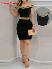 Vestido negro elegante y ceñido para mujer - Halter sin mangas con tela de lentejuelas en la espalda, perfecto para actividades de verano, mezcla de poliéster lavable a máquina, vestido ajustado, adecuado para citas nocturnas diarias, fiestas, fiestas de solteros - Negro - Ver 3