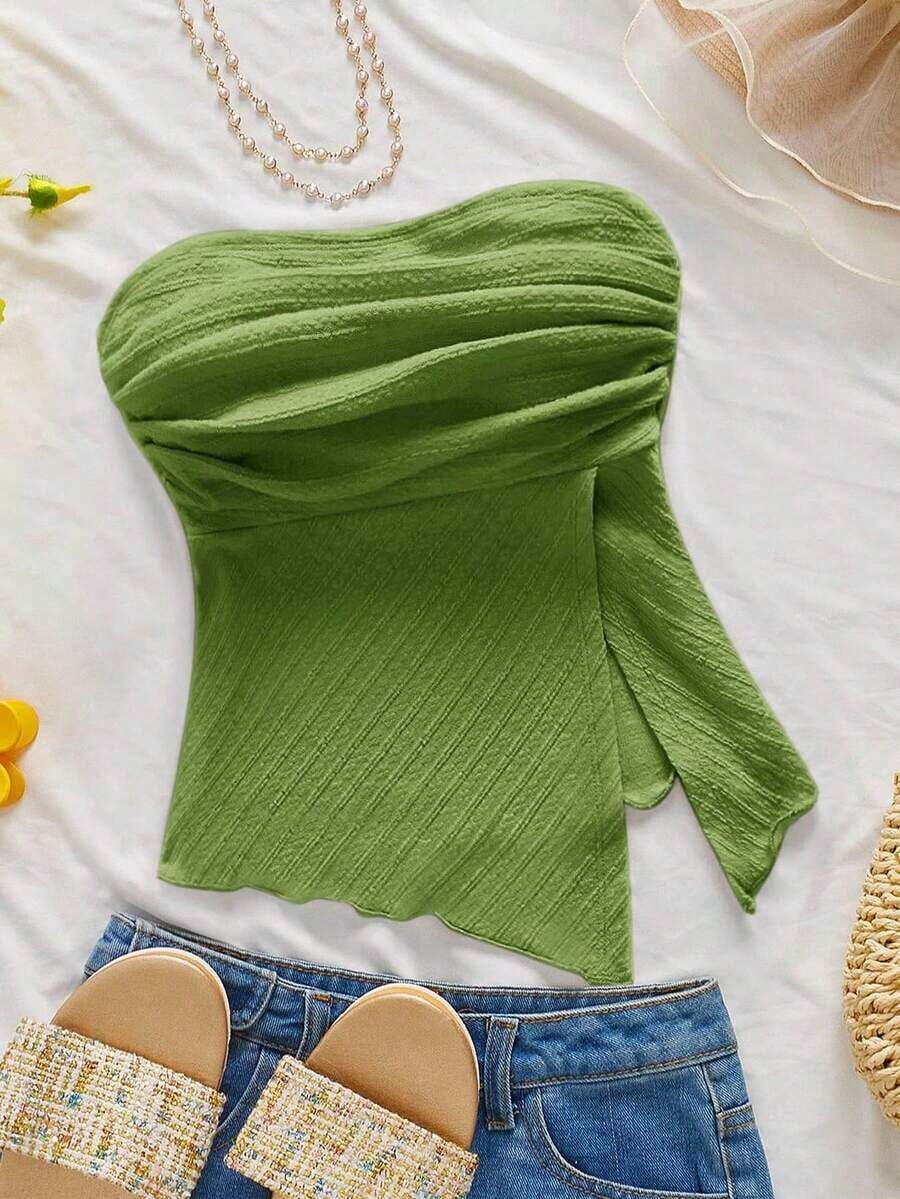 Top de tubo plisada de estilo elegante, romántico y elegante para uso diario, de color amarillo, adecuada para fiestas, vacaciones en la playa, vuelta al colegio, citas románticas, temporada de bodas, cumpleaños, Pascua, primavera/verano - Verde - Ver 1