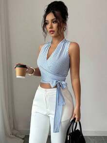 Chaleco de verano casual y elegante tejido para damas - Azul y blanco - Ver 4