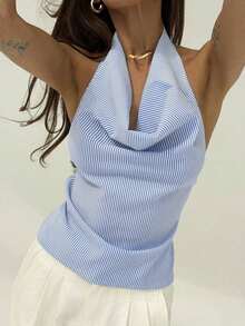 Blusa de mujer con escote profundo drapeado, sin espalda y con lazo trasero, de estilo elegante y sexy - Azul marino - Ver 1