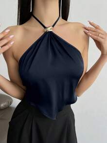 Camiseta de tirantes con cuello halter y bajo asimétrico para mujer - Azul marino - Ver 5