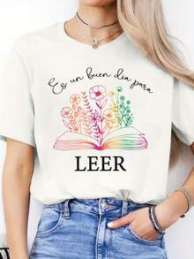 Women's Spring/Summer Casual T-Shirt With Floral And Book Print - "It's A Good Day To Read" Print, Soft Medium-Stretch Fabric, Crew Neck, Short Sleeve, Casual Wear | Floral Print T-Shirt | Comfortable Fit, Women's T-Shirts - [白色的] - 查看 6