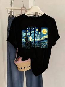 Women's One-Piece T-Shirt, Fashionable, With An Artistic Print Of Van Gogh's Starry Night, Round Neck And Short Sleeves, Casual And Comfortable For Everyday Wear, A Perfect Summer Choice That Combines Fashionable Prints With A Comfortable Round Neck - 黑色 - 查看 6