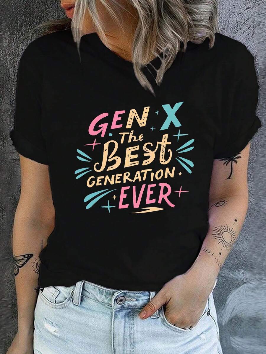 Camiseta con Estampado GEN X de Cuello Redondo, Top Casual de Manga Corta para Primavera/Verano, Ropa de Mujer, Blusas para Mujer Casual - Negro - Ver 1