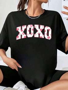 Women's Oversized T-Shirt With Xoxo Heart Print, Urban Casual Wear, Valentine's Day Gift, Fashion T-Shirt - 黑色 - 查看 7
