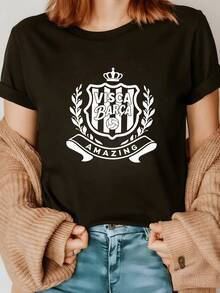 Symbol With Crown And Branches Representing Strength, Pride And Sporting Passion With Lettering Inspired By Positive Energy. Modern Casual Women's T-Shirt For Football Fans, Stylish And Comfortable. - 黑色 - View 8