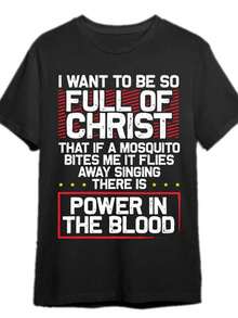 Camiseta negra para hombre con diseño religioso titulado 'Poder en la Sangre'. Esta camiseta casual de manga corta tiene un corte holgado, perfecta para el verano, e incluye frases sobre mosquitos y Cristo. - Negro - Ver 1