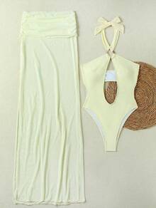 Traje de baño de una pieza de color sólido, sexy, con cuello halter y diseño calado, con falda larga, conjunto de bikini de dos piezas. - amarillo cremoso - Ver 1