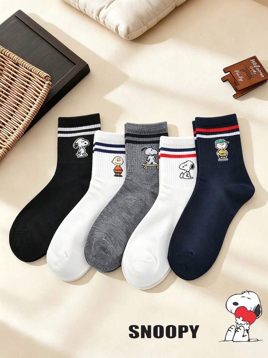SNOOPY 1/3/5/10双装史努比情侣运动袜,男士商务袜,女士休闲袜,可爱卡通图案,时尚百搭,柔软舒适 - 彩色 - 查看 1